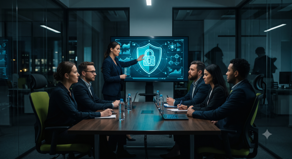 сотрудники на инструктаже по информационной безопасности в переговорной